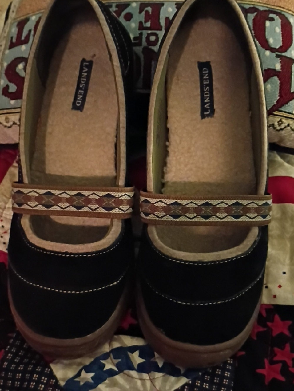 Lands' End black suede Mary Jane shoes with woven multicolor strap